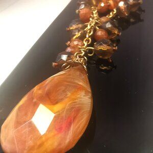 Circa 1970 Faux Amber Teardrop Pendant Necklace Cluster Beads 25" Italy